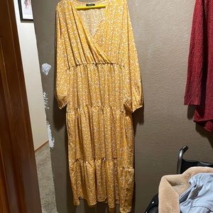 Kojooin yellow floral ankle length long, sleeved tiered dress
